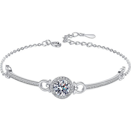 Round Halo Moissanite Bracelet with CZ in White Gold-Plated S925 sterling silver white background product photo showing bracelet shape and moissanite setting
