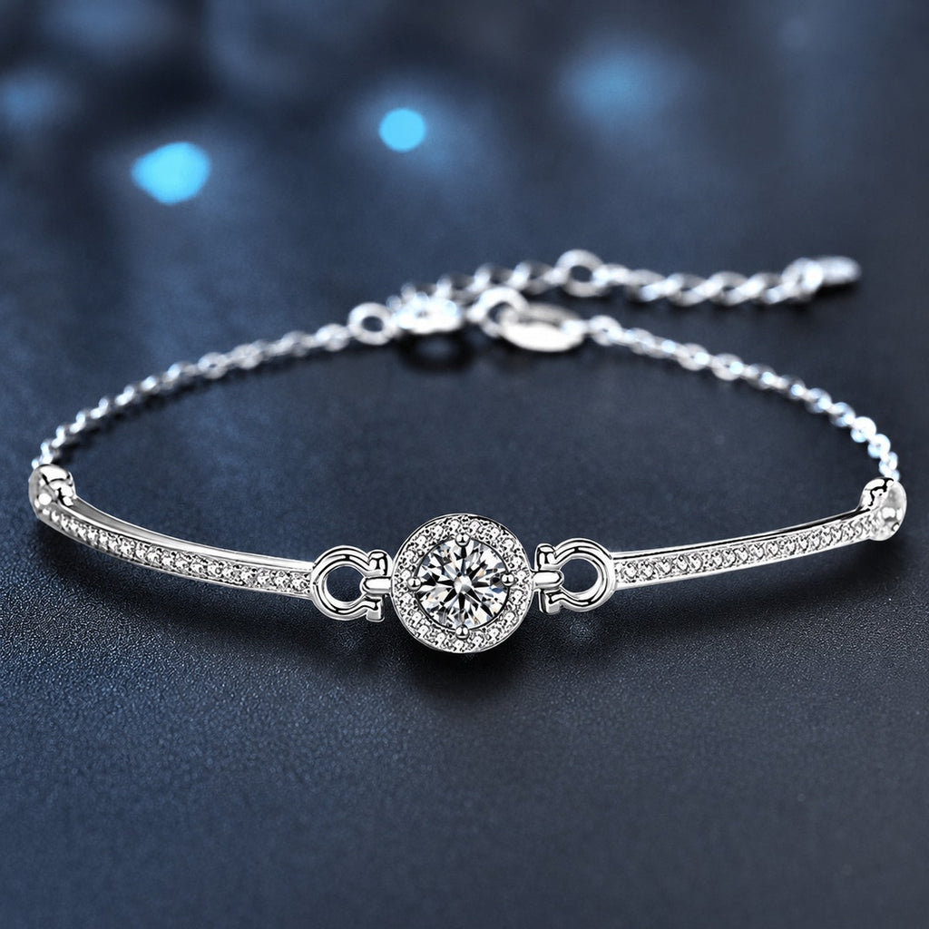 Round Halo Moissanite Bracelet with CZ in White Gold-Plated S925 sterling silver styled product scene showing stone sparkle and chain detail