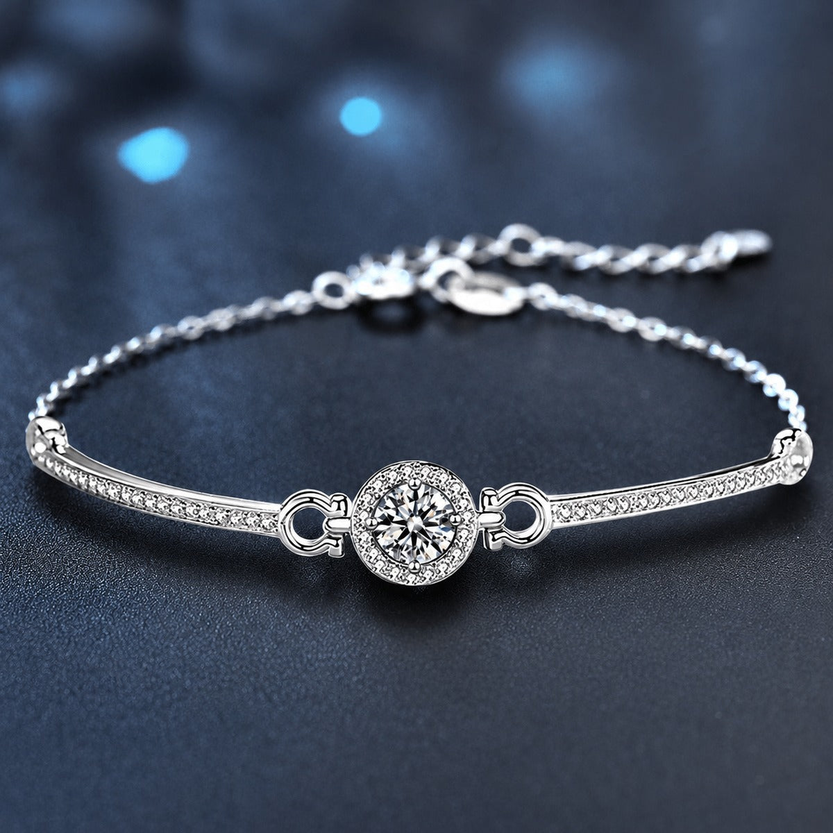 Round Halo Moissanite Bracelet with CZ in White Gold-Plated S925 sterling silver styled product scene showing stone sparkle and chain detail