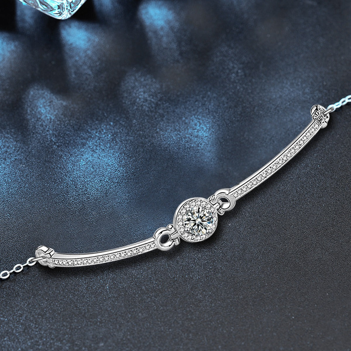 Round Halo Moissanite Bracelet with CZ in White Gold-Plated S925 sterling silver close-up bracelet detail view showing clasp and motif