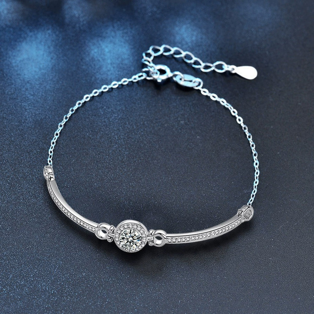 Round Halo Moissanite Bracelet with CZ in White Gold-Plated S925 sterling silver angled product display showing bracelet silhouette