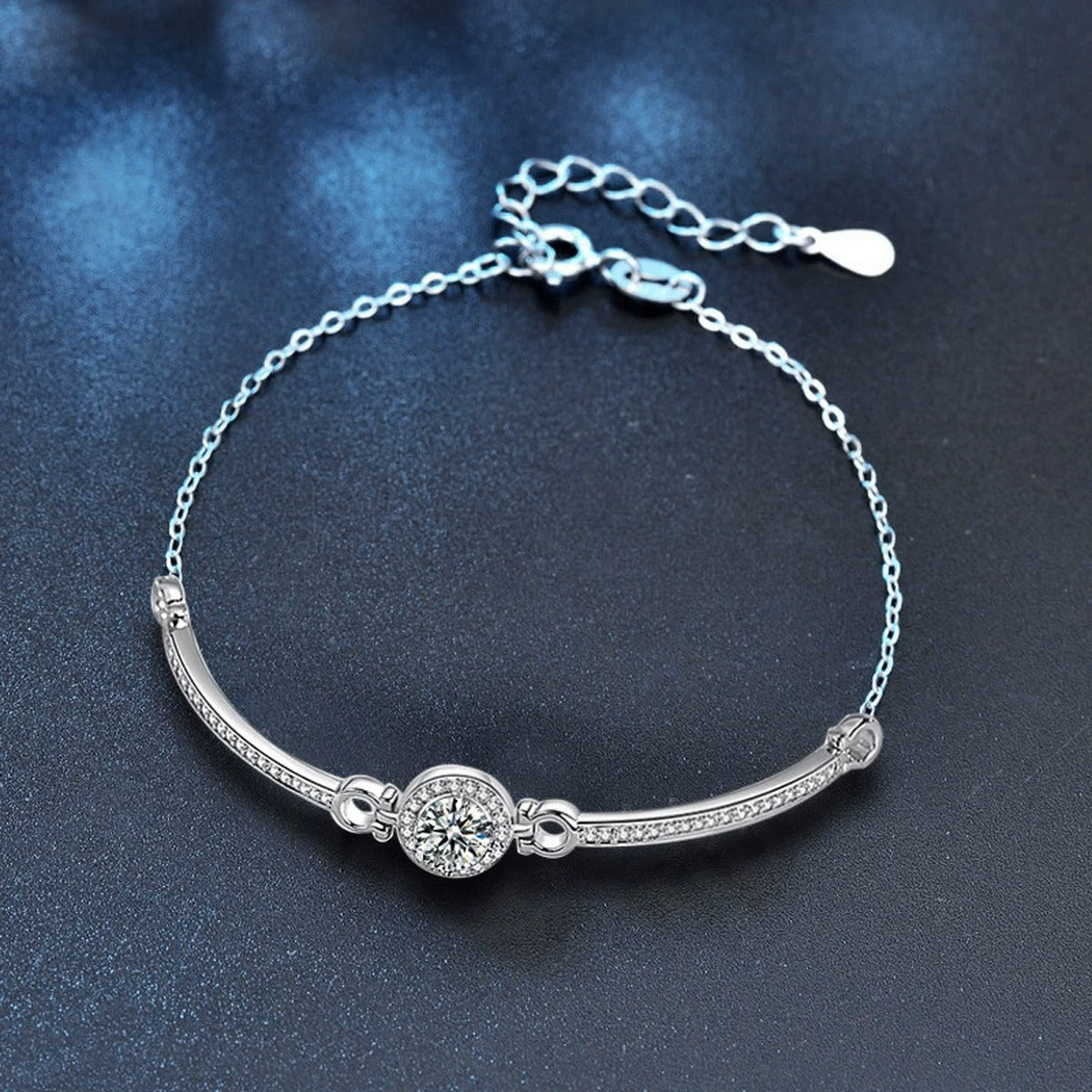 Round Halo Moissanite Bracelet with CZ in White Gold-Plated S925 sterling silver angled product display showing bracelet silhouette