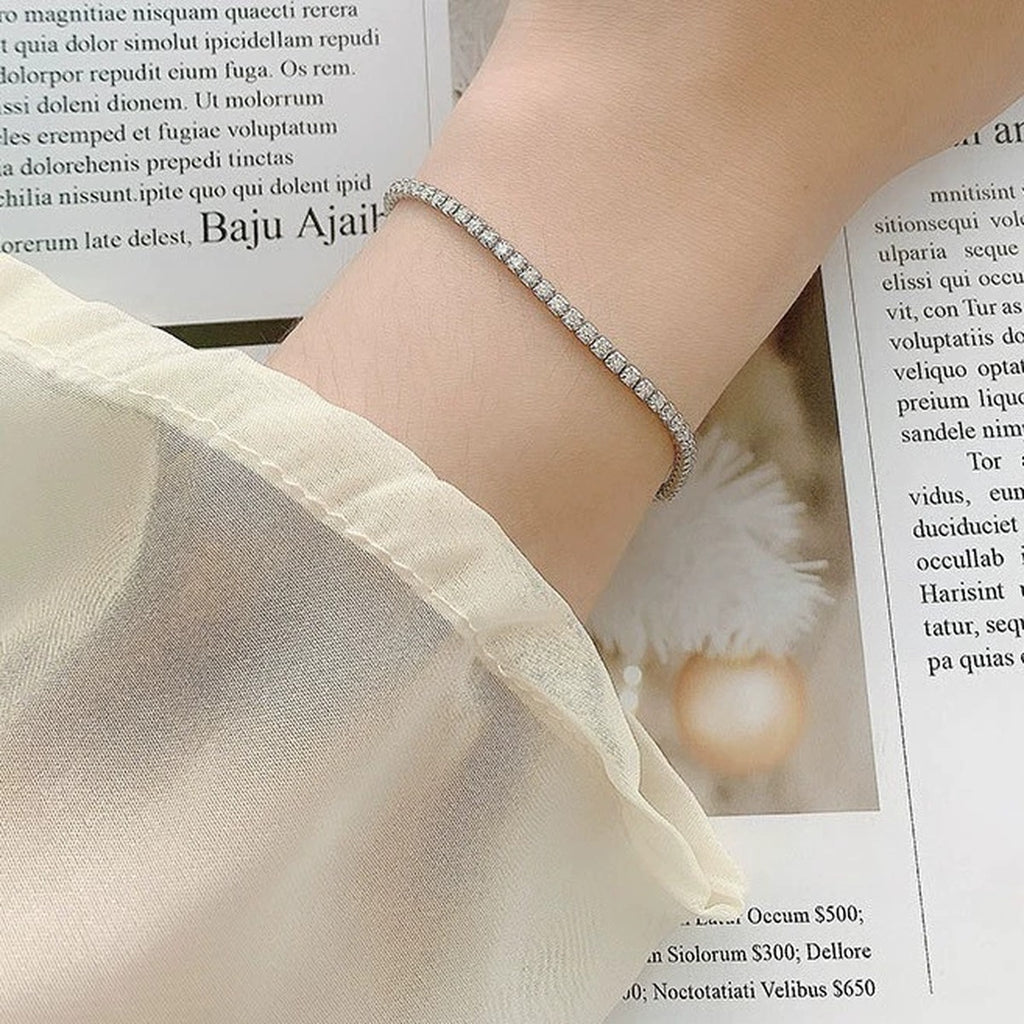 Round Moissanite Bolo Tennis Bracelet in Gold-Plated S925 Sterling Silver worn on the wrist showing bracelet scale, fit, and styling