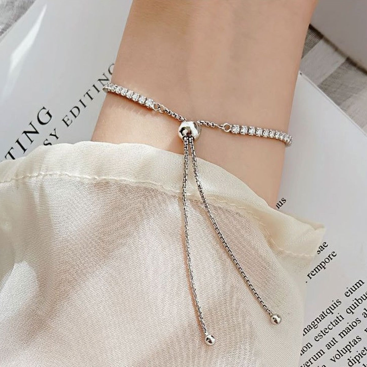 Round Moissanite Bolo Tennis Bracelet in Gold-Plated S925 Sterling Silver worn on the wrist showing bracelet scale, fit, and styling