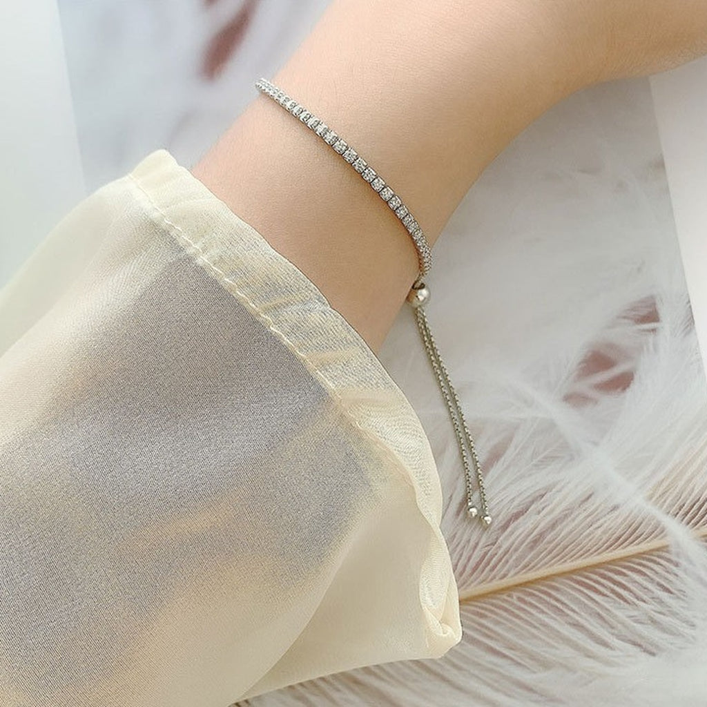 Round Moissanite Bolo Tennis Bracelet in Gold-Plated S925 Sterling Silver worn on the wrist showing bracelet scale, fit, and styling