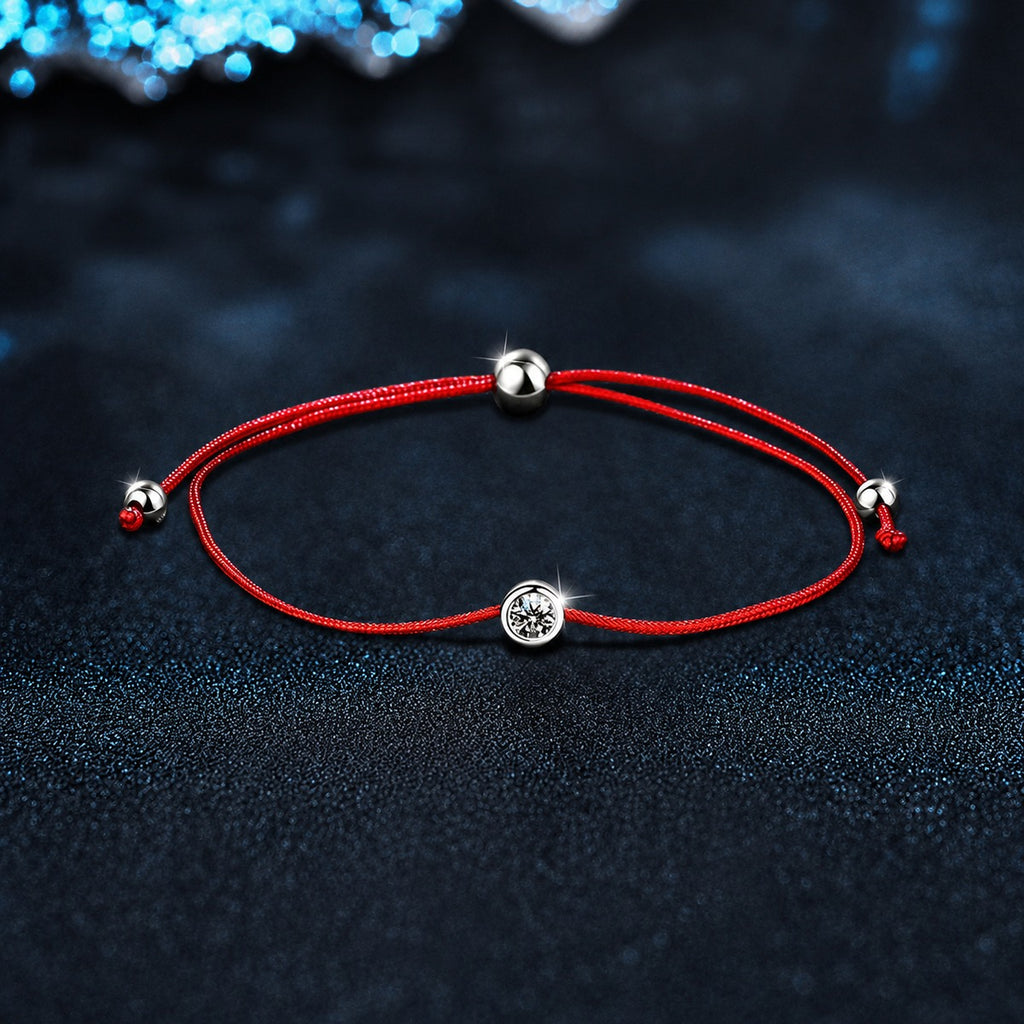 Round Moissanite Beaded Cord Bracelet in White Gold-Plated S925 sterling silver styled product scene showing stone sparkle and chain detail