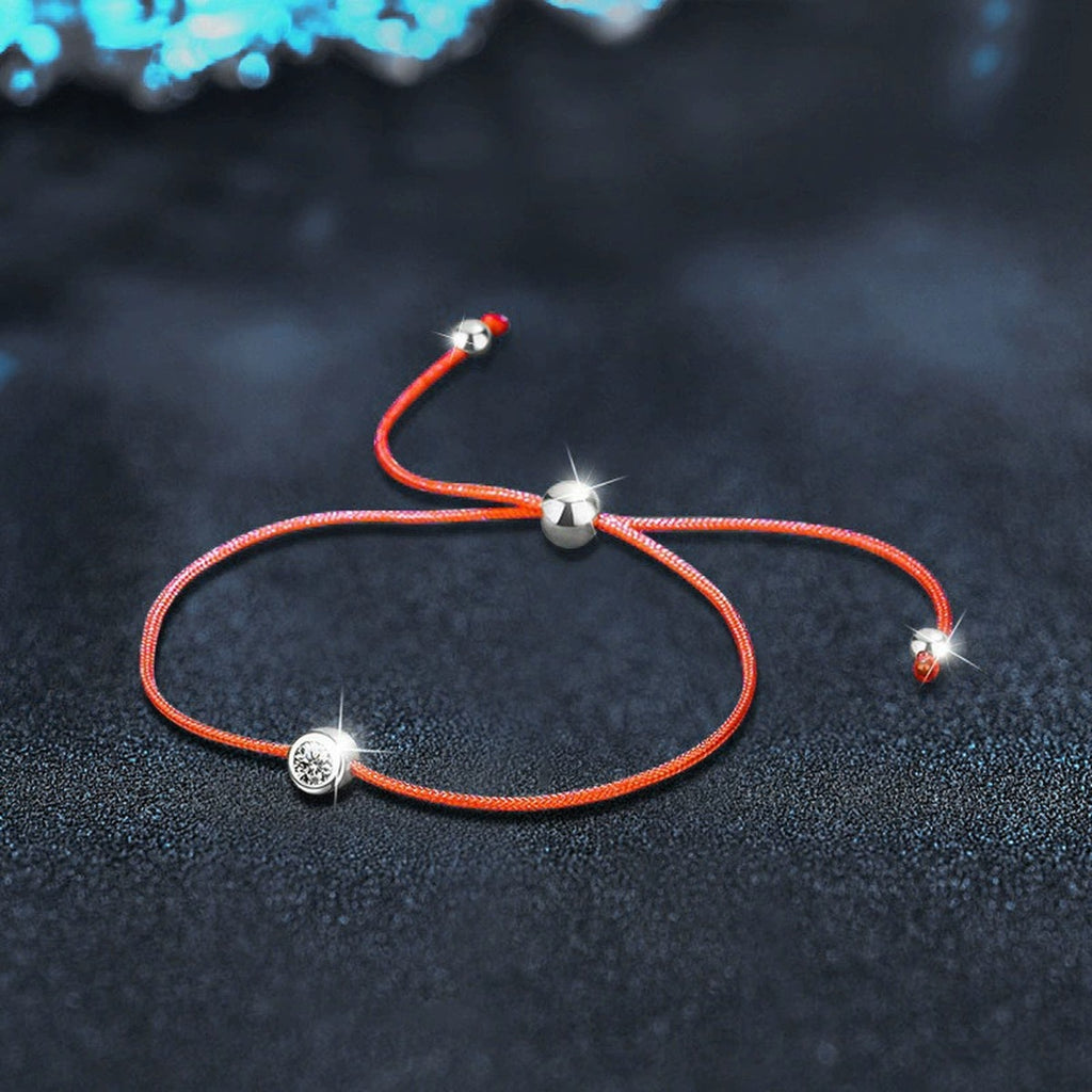 Round Moissanite Beaded Cord Bracelet in White Gold-Plated S925 sterling silver close-up bracelet detail view showing clasp and motif