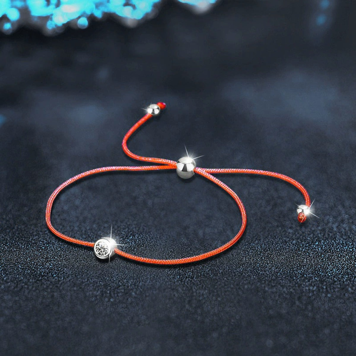 Round Moissanite Beaded Cord Bracelet in White Gold-Plated S925 sterling silver close-up bracelet detail view showing clasp and motif
