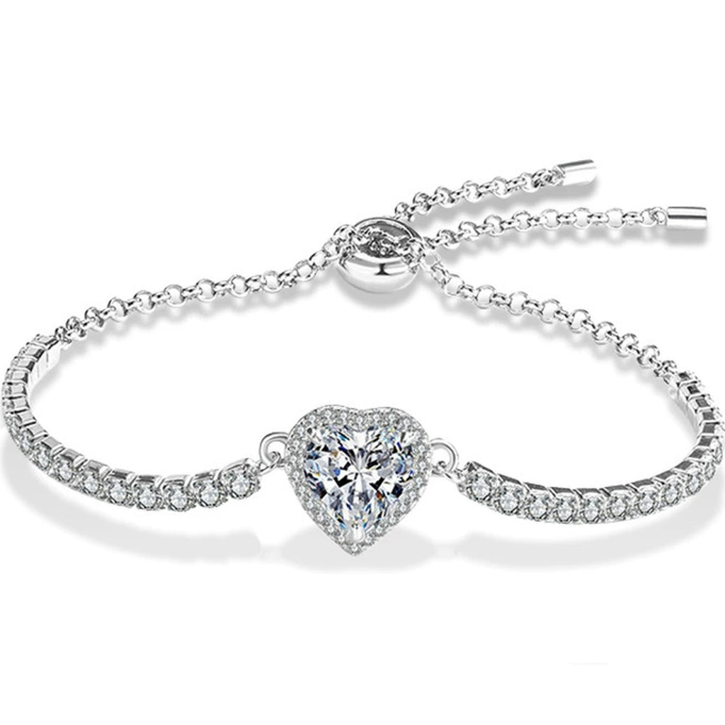 Heart-Cut Moissanite Adjustable Tennis Bracelet in White Gold-Plated S925 Sterling Silver on a white background showing the complete bracelet silhouette, center motif, and setting