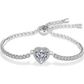 Heart-Cut Moissanite Adjustable Tennis Bracelet in White Gold-Plated S925 Sterling Silver on a white background showing the complete bracelet silhouette, center motif, and setting