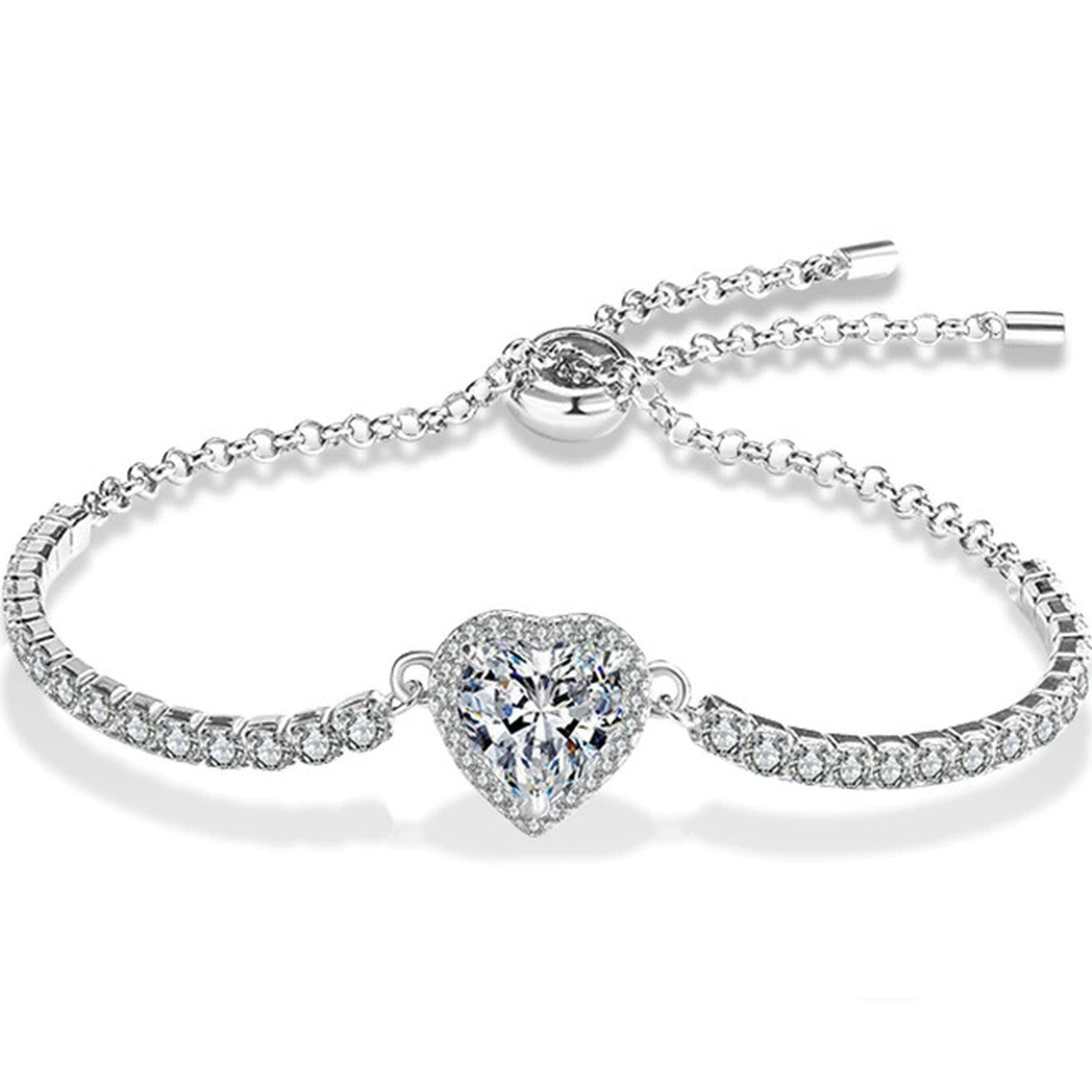 Heart-Cut Moissanite Adjustable Tennis Bracelet in White Gold-Plated S925 Sterling Silver on a white background showing the complete bracelet silhouette, center motif, and setting