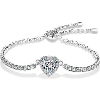Heart-Cut Moissanite Adjustable Tennis Bracelet in White Gold-Plated S925 Sterling Silver on a white background showing the complete bracelet silhouette, center motif, and setting