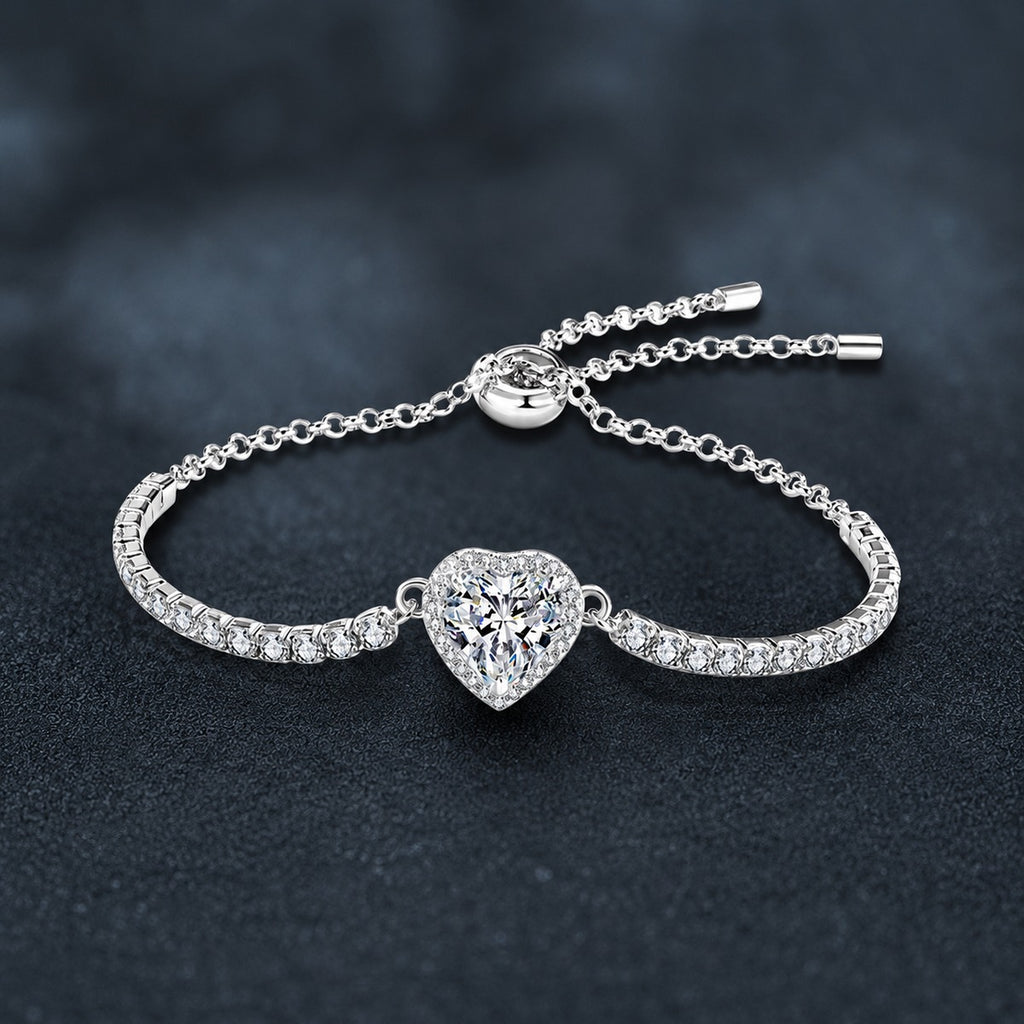 Heart-Cut Moissanite Adjustable Tennis Bracelet in White Gold-Plated S925 Sterling Silver product detail view showing the moissanite setting, chain, and polished finish