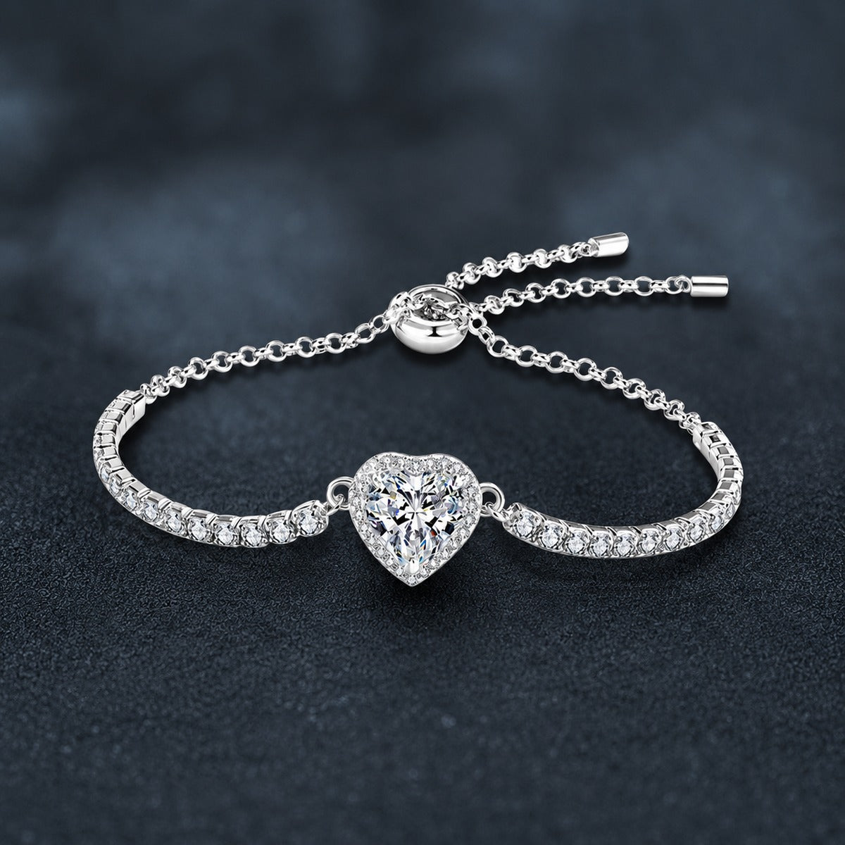 Heart-Cut Moissanite Adjustable Tennis Bracelet in White Gold-Plated S925 Sterling Silver product detail view showing the moissanite setting, chain, and polished finish