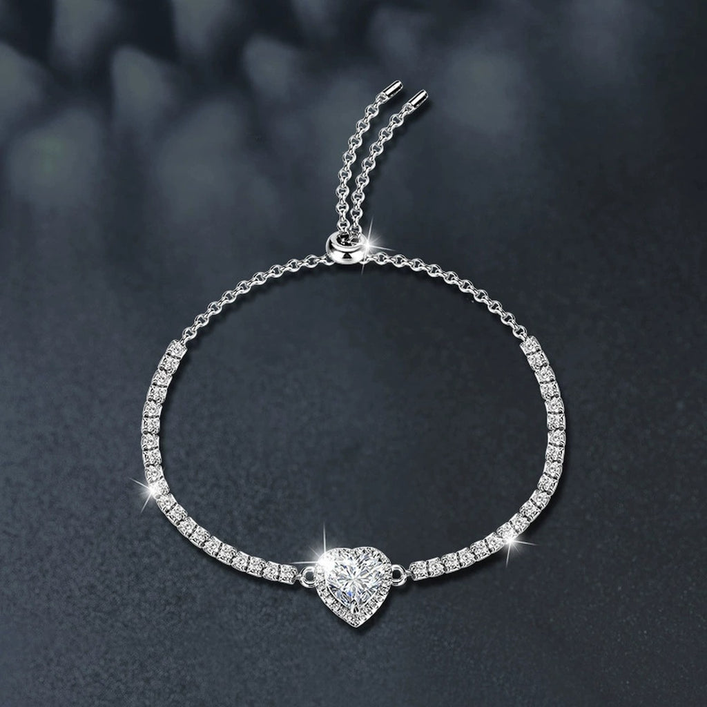 Heart-Cut Moissanite Adjustable Tennis Bracelet in White Gold-Plated S925 Sterling Silver product detail view showing the moissanite setting, chain, and polished finish