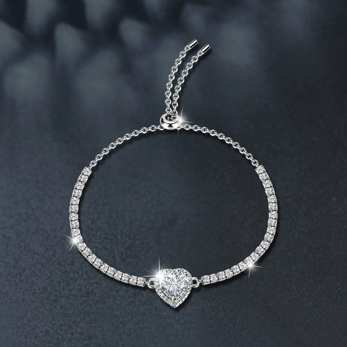 Heart-Cut Moissanite Adjustable Tennis Bracelet in White Gold-Plated S925 Sterling Silver product detail view showing the moissanite setting, chain, and polished finish