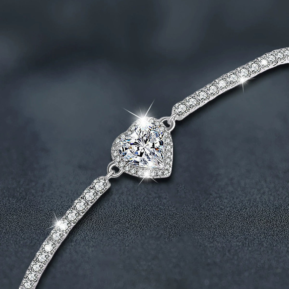 Heart-Cut Moissanite Adjustable Tennis Bracelet in White Gold-Plated S925 Sterling Silver product detail view showing the moissanite setting, chain, and polished finish