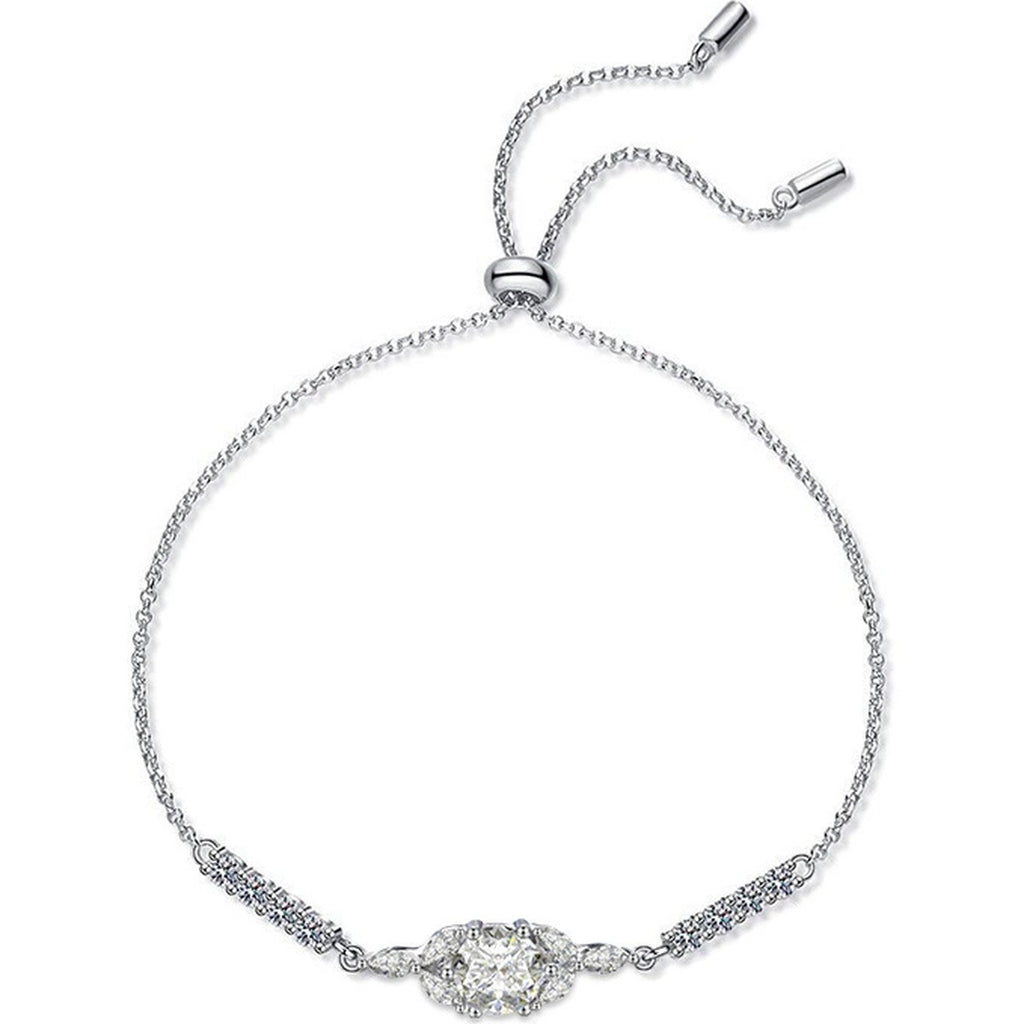 Marquise Halo Round Moissanite Bolo Bracelet with CZ in White Gold-Plated S925 Sterling Silver on a white background showing the complete bracelet silhouette, center motif, and setting