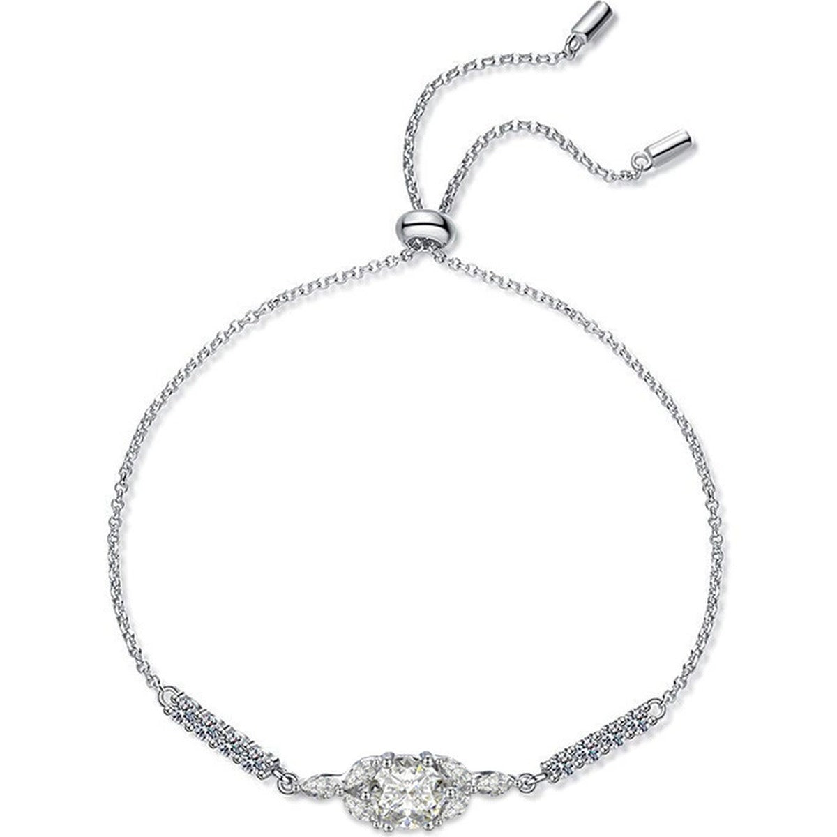 Marquise Halo Round Moissanite Bolo Bracelet with CZ in White Gold-Plated S925 Sterling Silver on a white background showing the complete bracelet silhouette, center motif, and setting