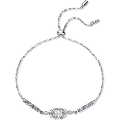 Marquise Halo Round Moissanite Bolo Bracelet with CZ in White Gold-Plated S925 Sterling Silver on a white background showing the complete bracelet silhouette, center motif, and setting