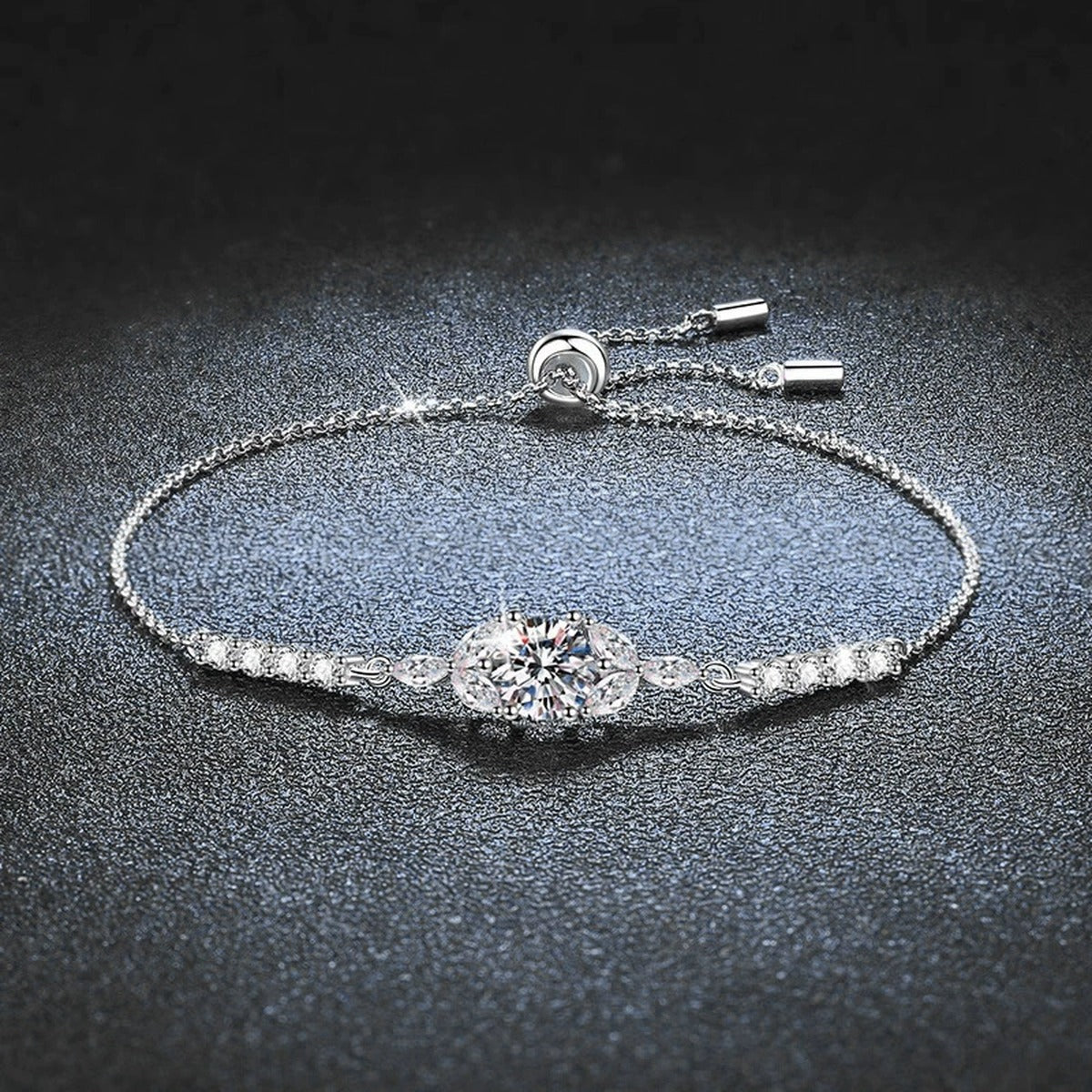 Marquise Halo Round Moissanite Bolo Bracelet with CZ in White Gold-Plated S925 Sterling Silver product detail view showing the moissanite setting, chain, and polished finish