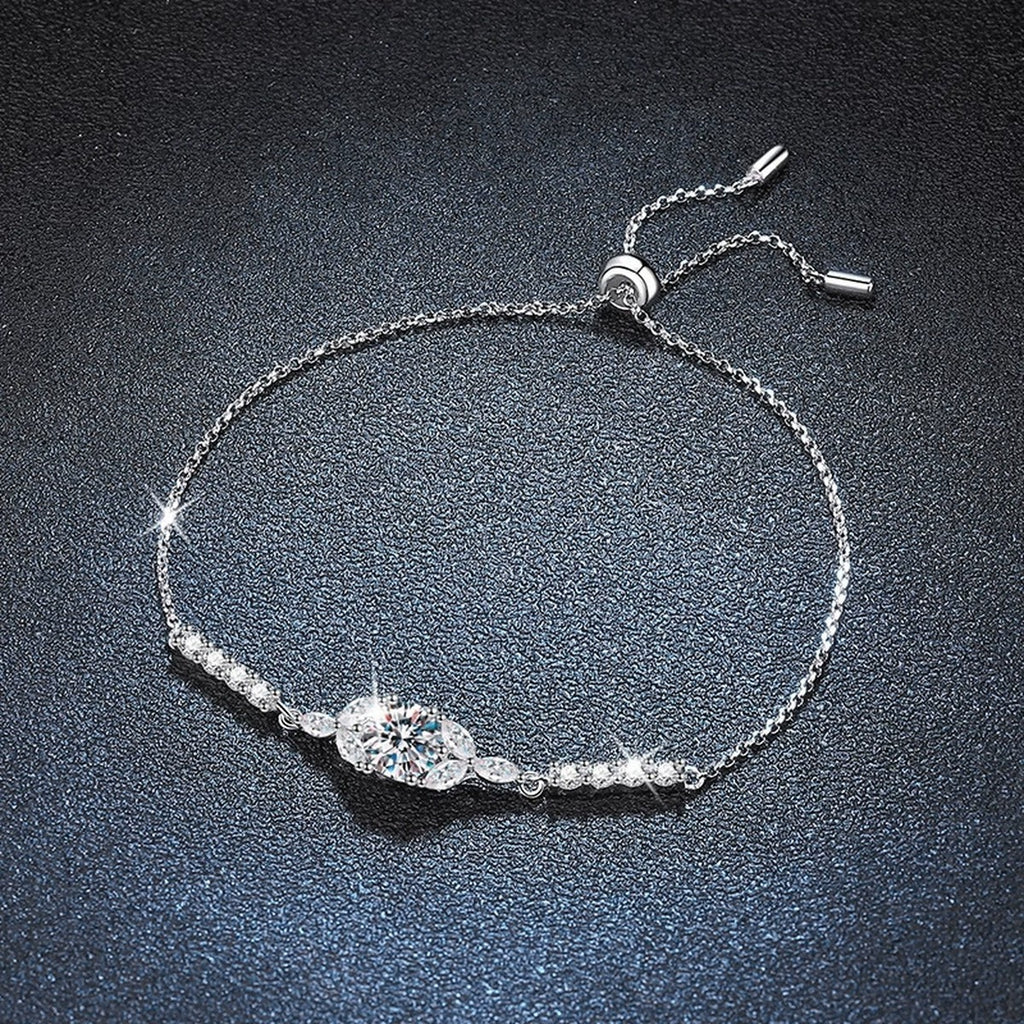 Marquise Halo Round Moissanite Bolo Bracelet with CZ in White Gold-Plated S925 Sterling Silver product detail view showing the moissanite setting, chain, and polished finish