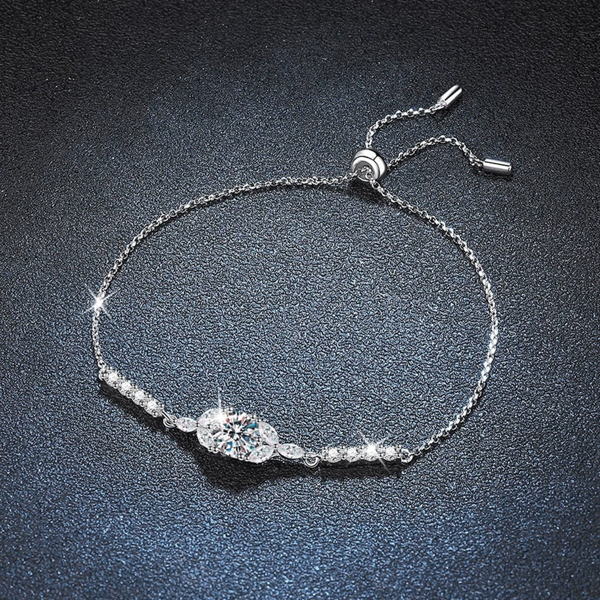 Marquise Halo Round Moissanite Bolo Bracelet with CZ in White Gold-Plated S925 Sterling Silver product detail view showing the moissanite setting, chain, and polished finish