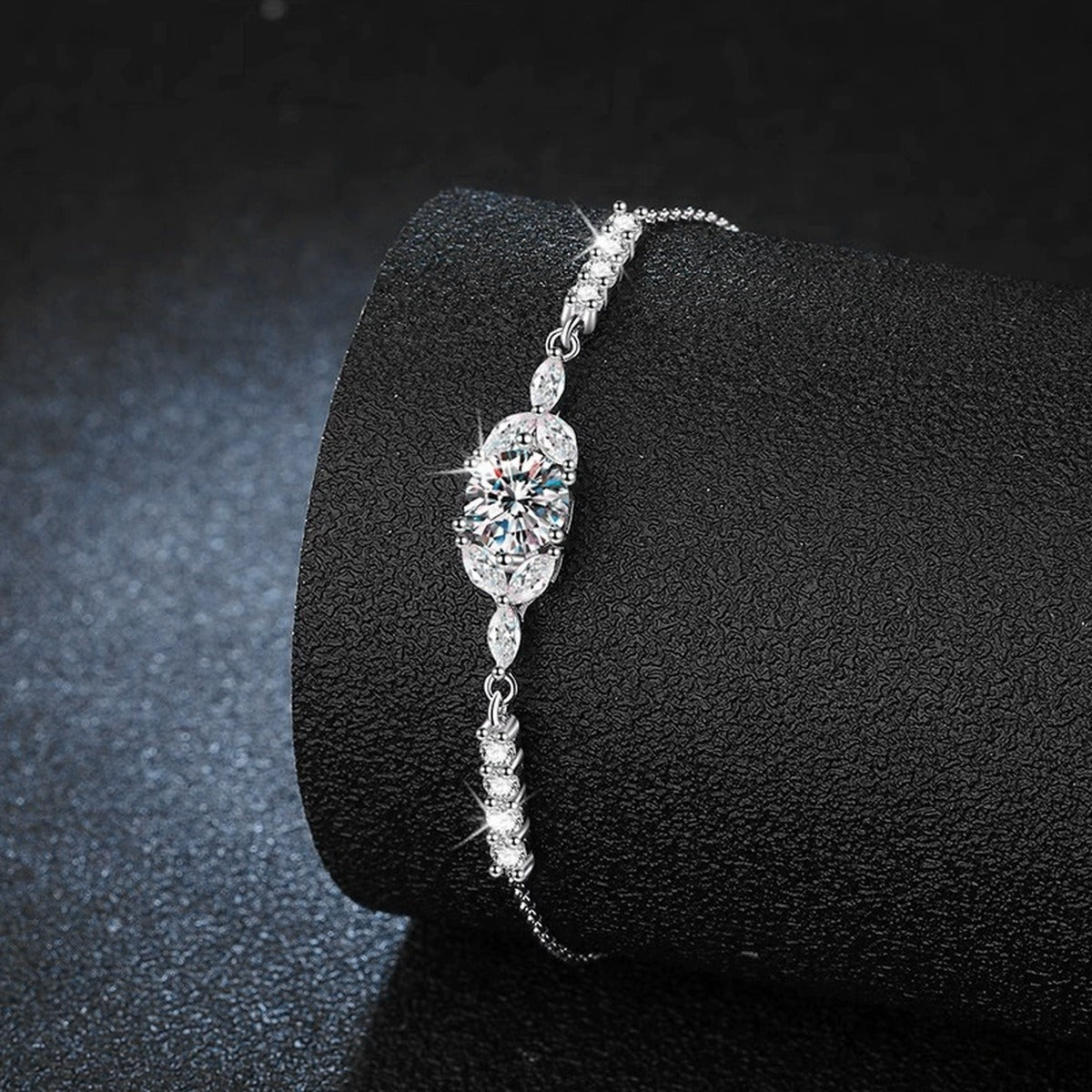 Marquise Halo Round Moissanite Bolo Bracelet with CZ in White Gold-Plated S925 Sterling Silver product detail view showing the moissanite setting, chain, and polished finish