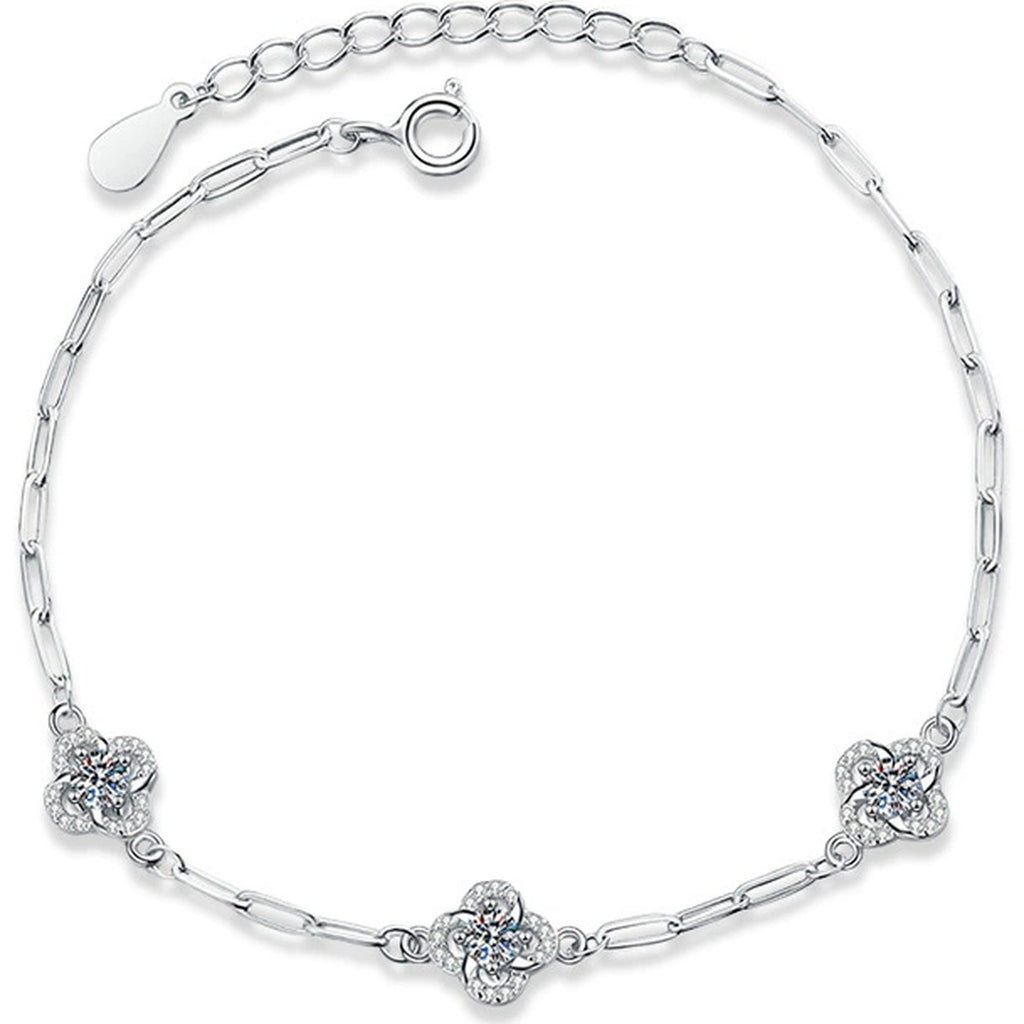 Three-Clover Round Moissanite Charm Bracelet with CZ in White Gold-Plated S925 sterling silver white background product photo showing bracelet shape and moissanite setting