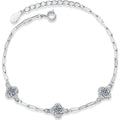 Three-Clover Round Moissanite Charm Bracelet with CZ in White Gold-Plated S925 sterling silver white background product photo showing bracelet shape and moissanite setting