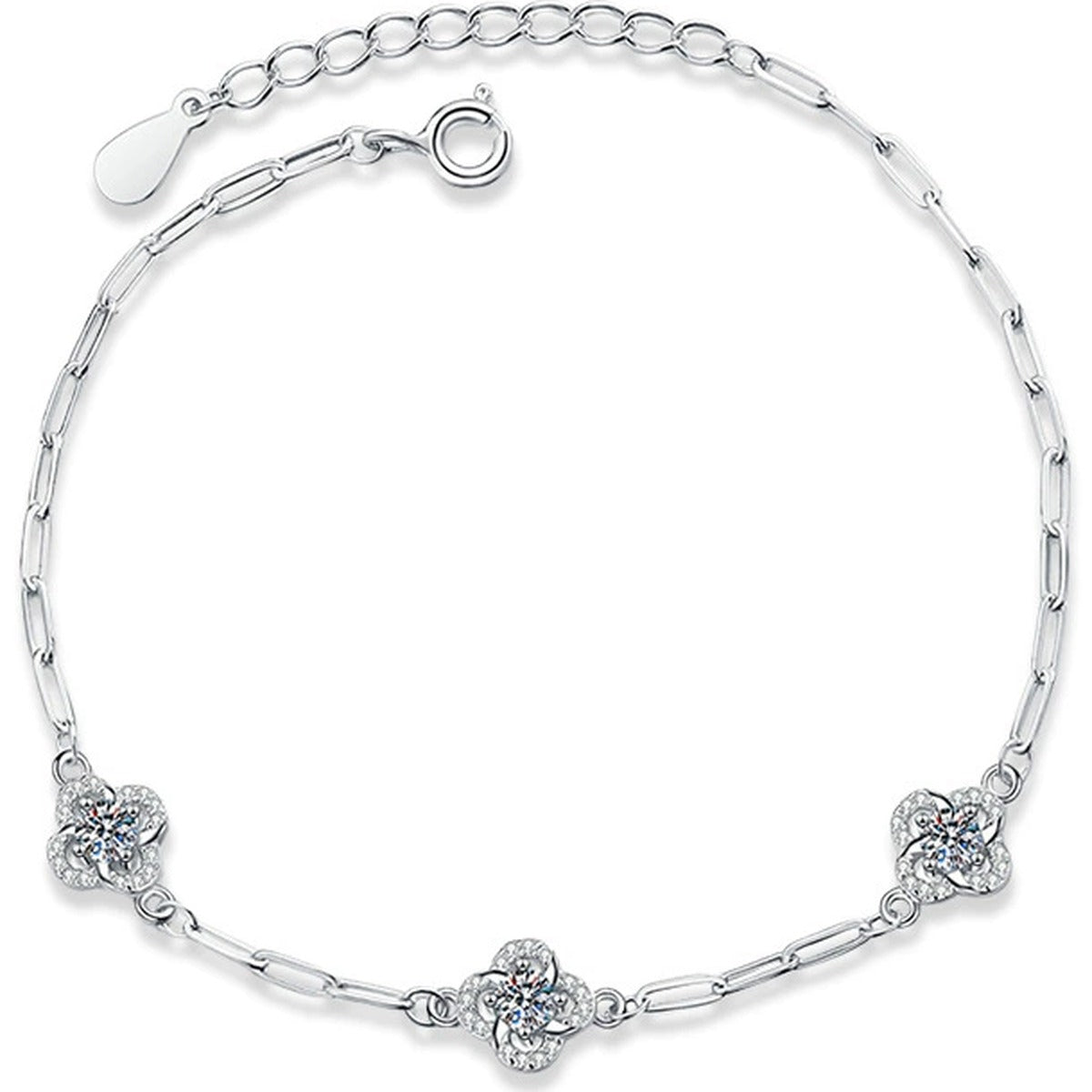 Three-Clover Round Moissanite Charm Bracelet with CZ in White Gold-Plated S925 sterling silver white background product photo showing bracelet shape and moissanite setting