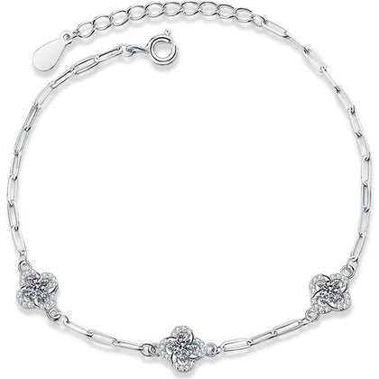 Three-Clover Round Moissanite Charm Bracelet with CZ in White Gold-Plated S925 sterling silver white background product photo showing bracelet shape and moissanite setting