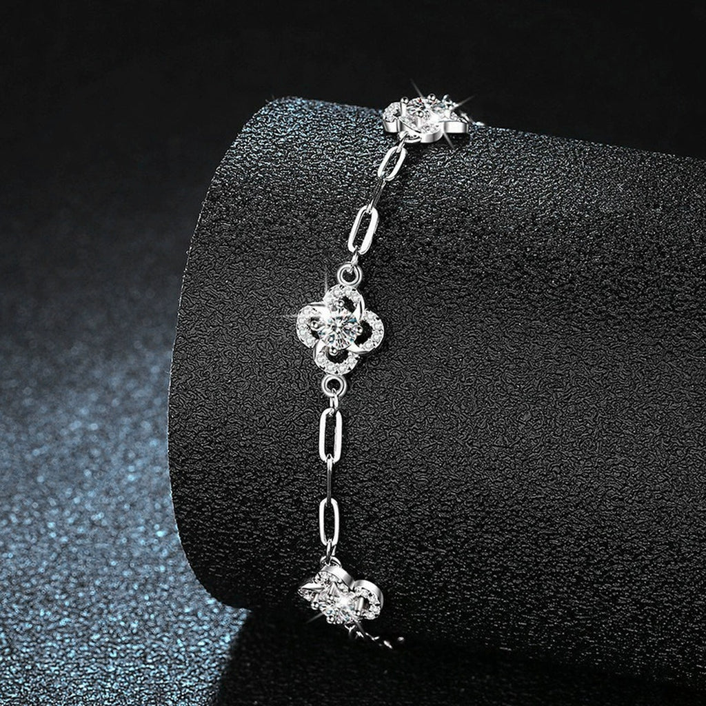 Three-Clover Round Moissanite Charm Bracelet with CZ in White Gold-Plated S925 sterling silver styled product scene showing stone sparkle and chain detail