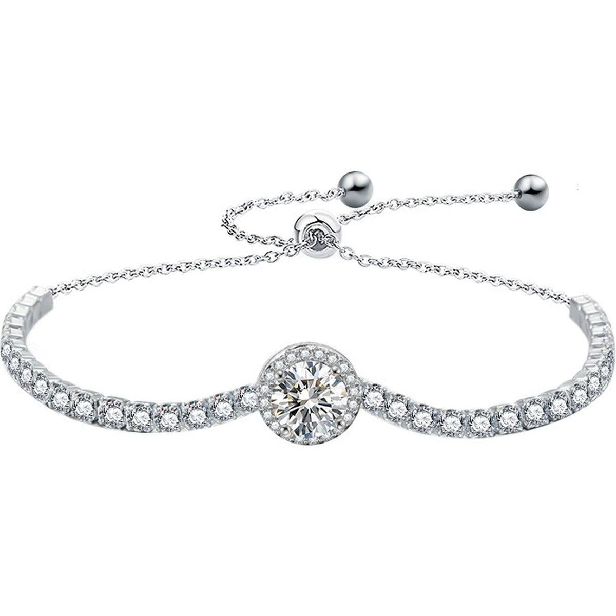 Round Moissanite Bolo Tennis Bracelet in White Gold-Plated S925 sterling silver white background product photo showing bracelet shape and moissanite setting