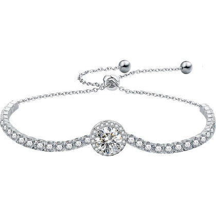 Round Moissanite Bolo Tennis Bracelet in White Gold-Plated S925 sterling silver white background product photo showing bracelet shape and moissanite setting