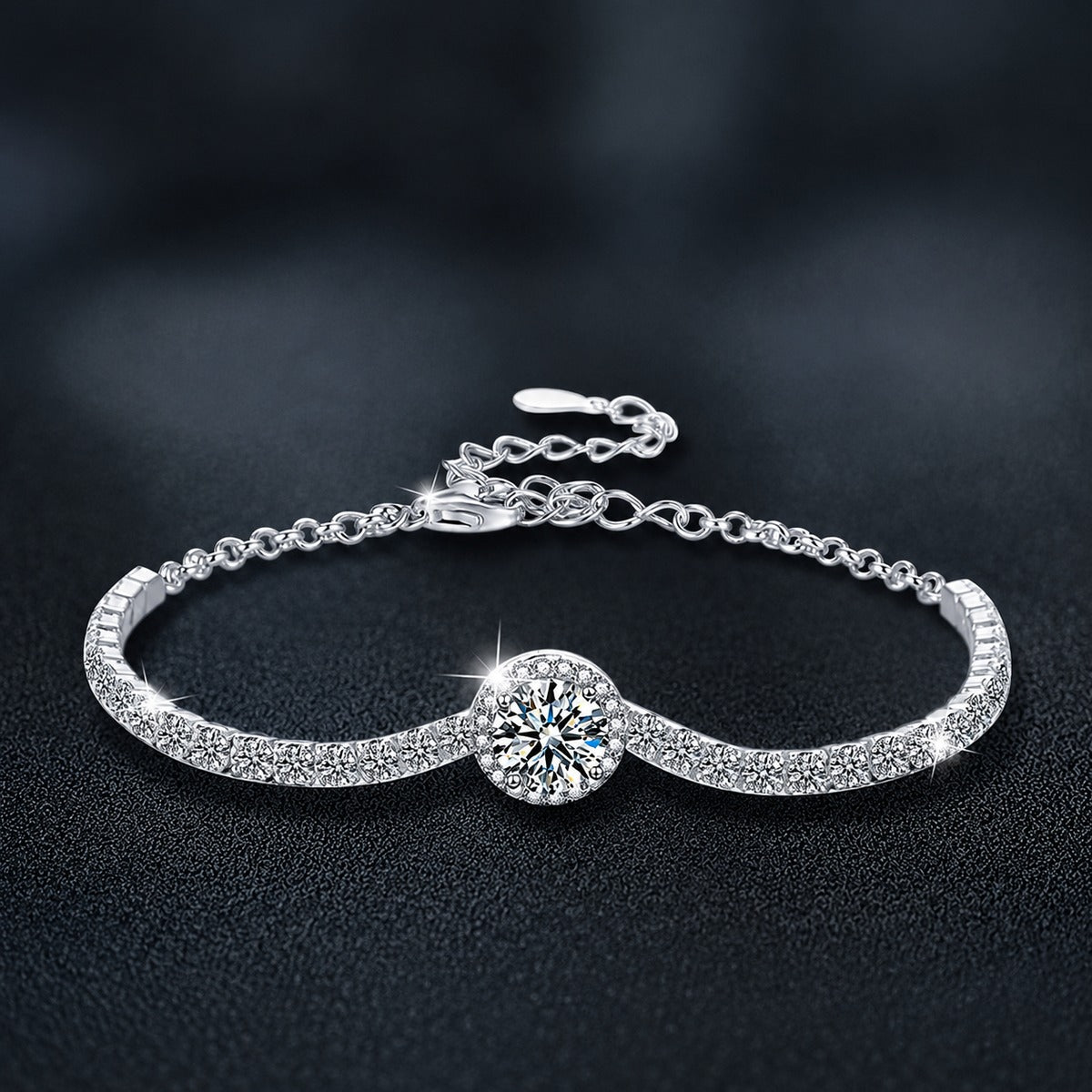 Round Moissanite Bolo Tennis Bracelet in White Gold-Plated S925 sterling silver styled product scene showing stone sparkle and chain detail