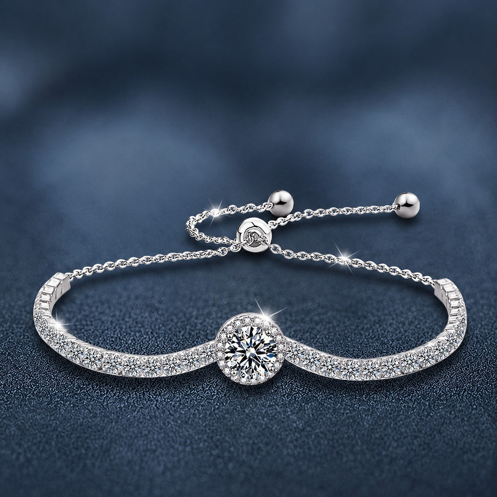Round Moissanite Bolo Tennis Bracelet in White Gold-Plated S925 sterling silver close-up bracelet detail view showing clasp and motif