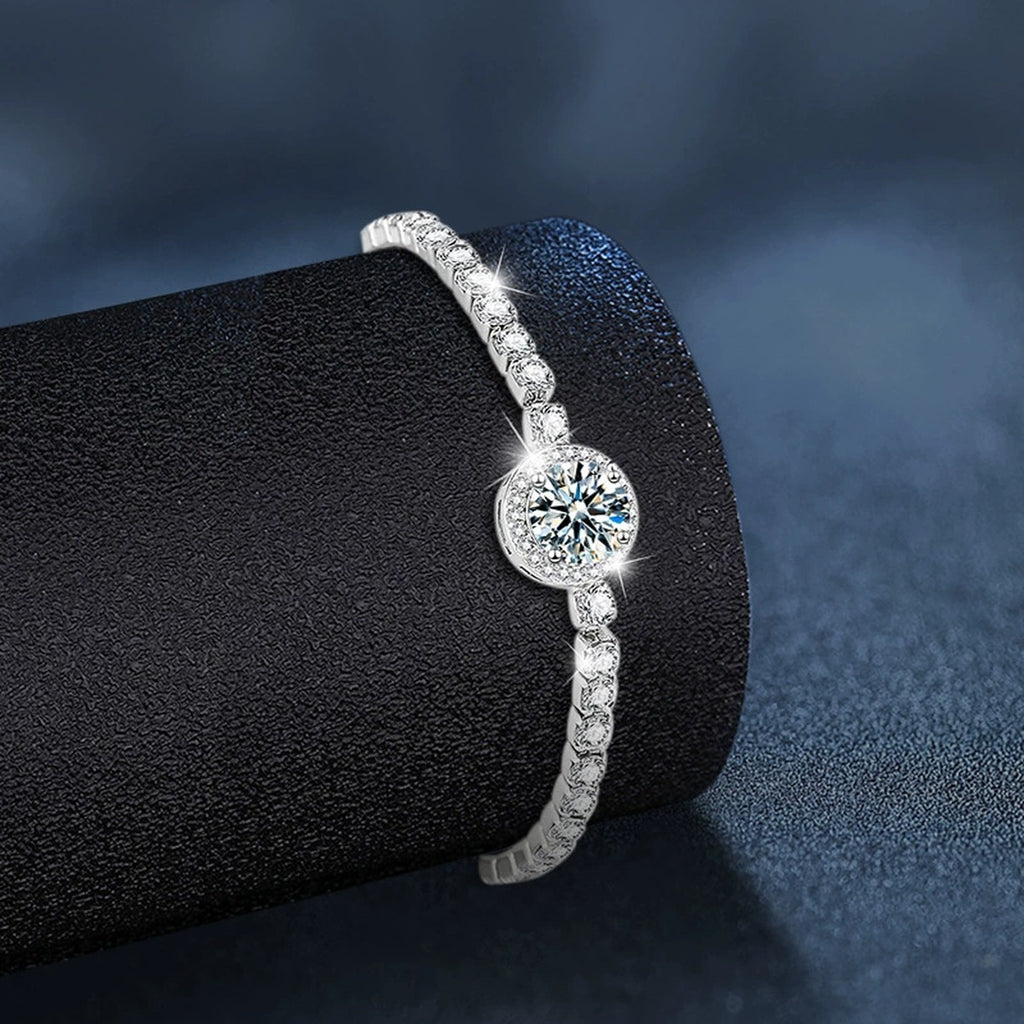 Round Moissanite Bolo Tennis Bracelet in White Gold-Plated S925 sterling silver additional product photo showing finish and setting