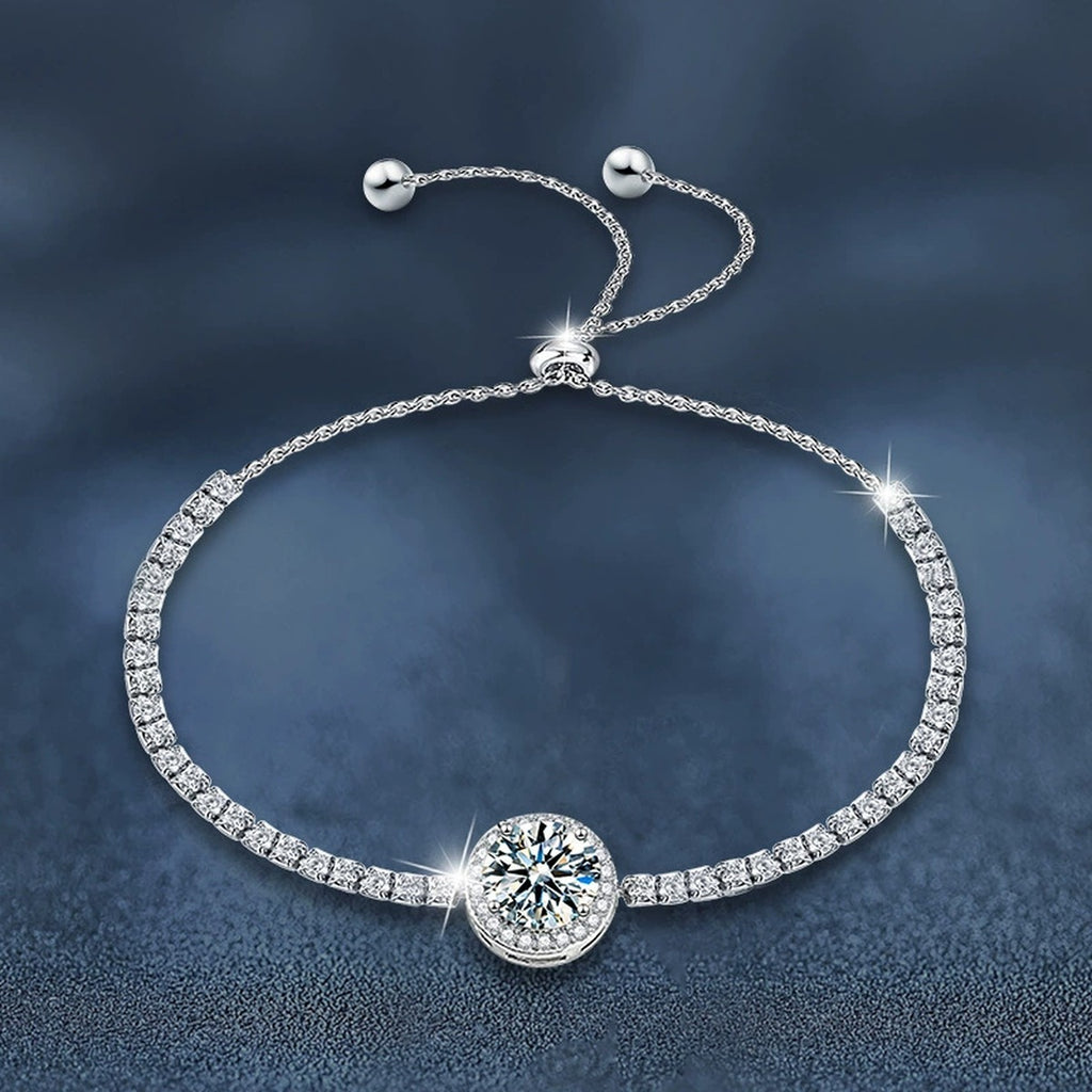 Round Moissanite Bolo Tennis Bracelet in White Gold-Plated S925 sterling silver additional product photo showing finish and setting