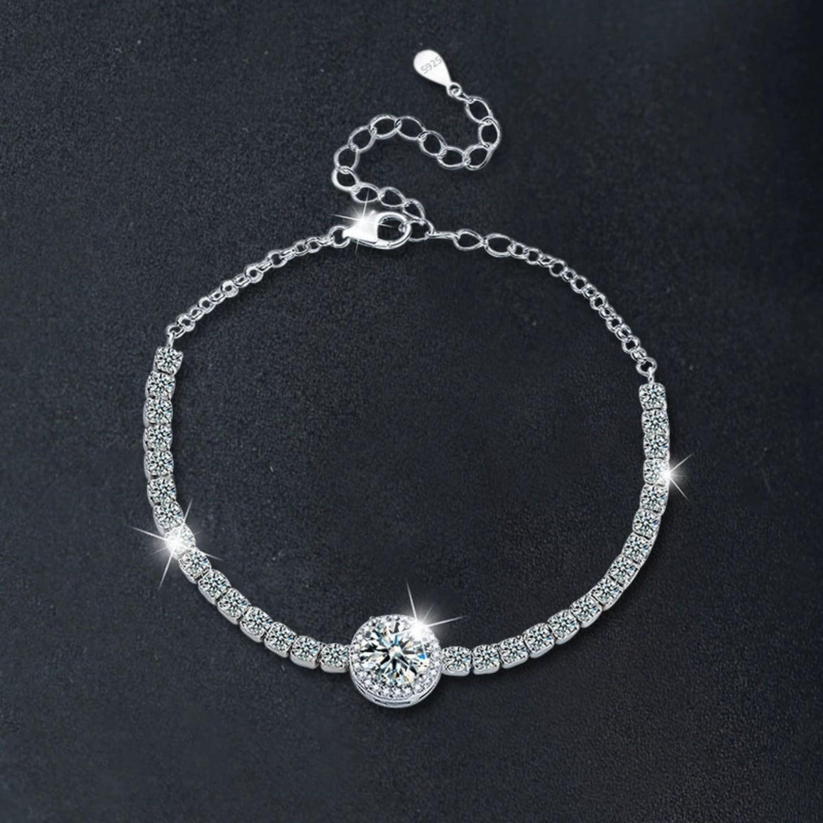 Round Moissanite Bolo Tennis Bracelet in White Gold-Plated S925 sterling silver additional product photo showing finish and setting