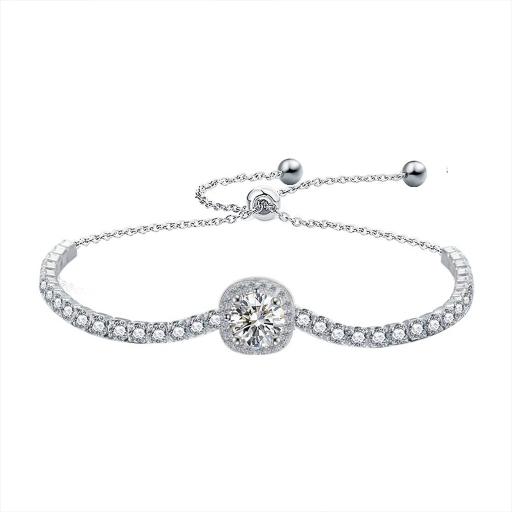 Round Halo Moissanite Bolo Tennis Bracelet with CZ in White Gold-Plated S925 sterling silver white background product photo showing bracelet shape and moissanite setting