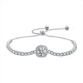 Round Halo Moissanite Bolo Tennis Bracelet with CZ in White Gold-Plated S925 sterling silver white background product photo showing bracelet shape and moissanite setting