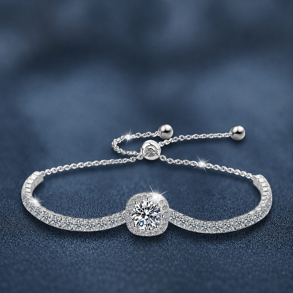 Round Halo Moissanite Bolo Tennis Bracelet with CZ in White Gold-Plated S925 sterling silver styled product scene showing stone sparkle and chain detail