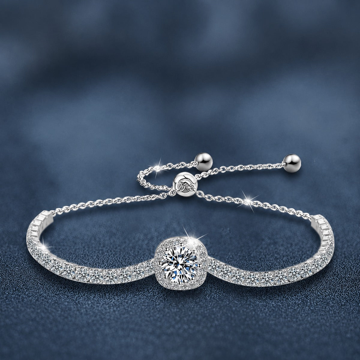 Round Halo Moissanite Bolo Tennis Bracelet with CZ in White Gold-Plated S925 sterling silver styled product scene showing stone sparkle and chain detail