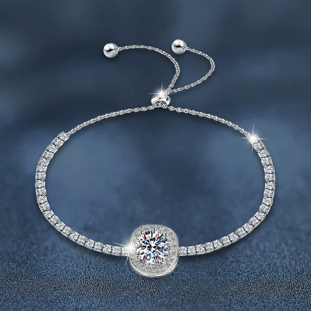 Round Halo Moissanite Bolo Tennis Bracelet with CZ in White Gold-Plated S925 sterling silver close-up bracelet detail view showing clasp and motif