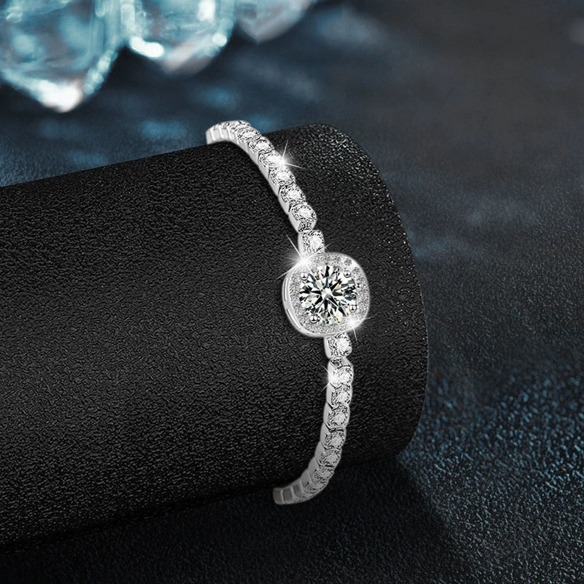 Round Halo Moissanite Bolo Tennis Bracelet with CZ in White Gold-Plated S925 sterling silver angled product display showing bracelet silhouette