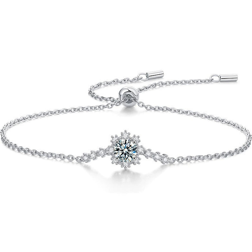 Snowflake Round Moissanite Bolo Bracelet with CZ in White Gold-Plated S925 sterling silver white background product photo showing bracelet shape and moissanite setting