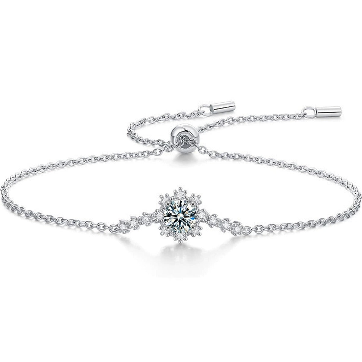 Snowflake Round Moissanite Bolo Bracelet with CZ in White Gold-Plated S925 sterling silver white background product photo showing bracelet shape and moissanite setting