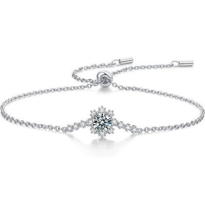 Snowflake Round Moissanite Bolo Bracelet with CZ in White Gold-Plated S925 sterling silver white background product photo showing bracelet shape and moissanite setting