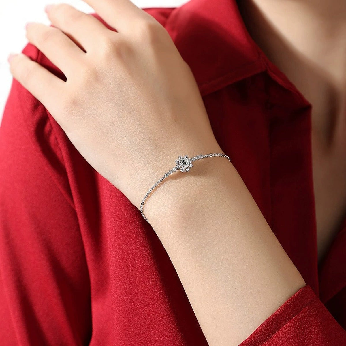 Snowflake Round Moissanite Bolo Bracelet with CZ in White Gold-Plated S925 sterling silver worn on wrist model view showing scale and adjustable fit
